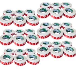 Set 36 benzi adezive HouseXL FRAGILE 50mmx200m, 200 metri, Diametru total 14 cm, Diametru gol 7.5 cm, Latime 5 cm, Alb cu Rosu - Img 5
