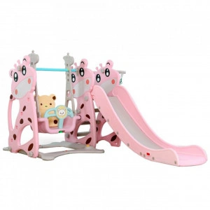 Tobogan-3-in-1-Pentru-Copii-NOVOKIDS-Giraffe-Playground-Cu-Leagan-Pentru-Interior-si-Exterior-187-centimetri-panta-alunecare-Max-40-Kg-Cos-de-baschet-inclus-Roz_3