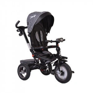 Tricicleta cu copertina detasabila NOVOKIDS™ Jockey Trike , Cu far luminos si melodii, Roti gonflabile din cauciuc, Pozitie somn, Pedale si maner pentru parinti, Scaun reversibil cu rotire 360 grade , Cadru metalic, dimensiuni 120X54X100 cm, Gri