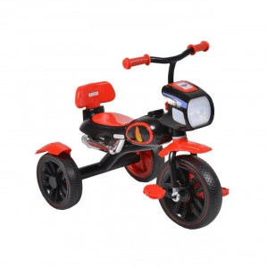 Tricicleta cu pedale NOVOKIDS™ Eagle Trike , Cu melodii si lumini, Carena, Max 25 kg, Roti din cauciuc EVA, Cadru metalic, Far luminos, Rosu