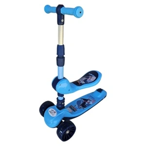 Trotineta 2 in 1 pentru copii cu roti luminoase din silicon NOVOKIDS™ Mini Scooter 8130, Cu melodii , 3 roti, Pliabila, Maner reglabil pe inaltime, Maxim 50 kg, Functie trotineta fara pedale, Albastru