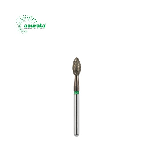 Freză diamantată tip flacără, rotunjită la bază, diametru 2,3 mm, granulație verde - Acurata Black