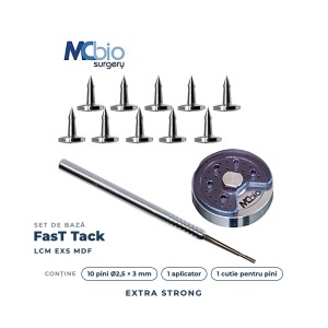 Set de bază FasT Tack LCM EXS MDF – MC Bio Surgery, sistem profesional de fixare cu pini pentru GBR (10 pini Ø2.5 mm × 3 mm + aplicator cu mâner tip C)