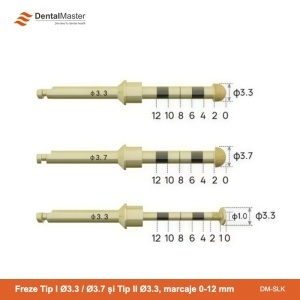 Freze S-Reamer Tip I Ø3.3 / Ø3.7 mm și Tip II Ø3.3 mm, cu marcaje de adâncime 0-12 mm