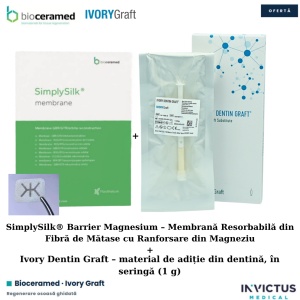 OFERTA SimplySilk® Barrier Magnesium – Membrană Resorbabilă din Fibră de Mătase cu Ranforsare din Magneziu + Ivory Dentin Graft GRATUIT