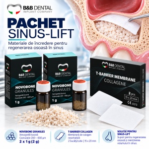 Pachet Sinus-Lift – Novobone Granules 2 × 1 g, 200–600 µm + T-Barrier Collagen 15×20 mm | B&B Dental