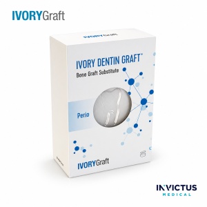 Ivory Dentin Graft Perio – material de adiție din dentină cu particule fine (300–500 µm) pentru defecte parodontale și periimplantare, în flacon (0,25 g / 0,5 g)