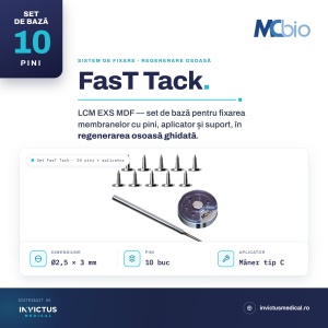 Set de bază FasT Tack LCM EXS MDF – MC Bio Surgery, sistem profesional de fixare cu pini pentru GBR (10 pini Ø2.5 mm × 3 mm + aplicator cu mâner tip C)