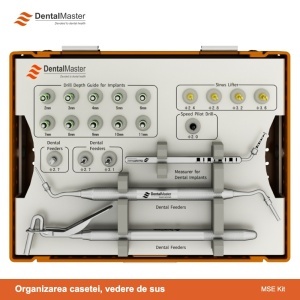 Organizarea casetei trusei MSE Dental Master, vedere de sus: stopere, freze Sinus Lifter, freză pilot și instrumente pentru grefă