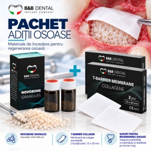 Pachet Adiție Osoasă – Novobone Granules 2 g, 1000–2000 µm + 4 Membrane T-Barrier Collagen 15×20 mm | B&B Dental