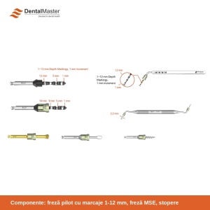 Componentele trusei MSE: freză pilot cu marcaje de adâncime 1-12 mm, freză MSE, stopere și instrumente pentru grefă