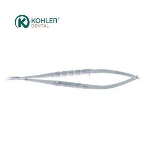 7678 – Micro-foarfecă CASTROVIEJO, 15 cm, mâner TRINOVO, angulată – KOHLER Dental - Img 1
