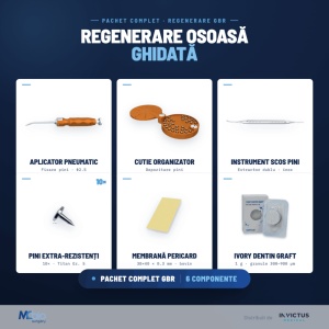Pachet Complet GBR: Aplicator Automat, Cutie, 10 Pini Titan Gr. 5, Instrument Scos Pini, Membrană Pericard 30×40 și Ivory Dentin Graft 1g