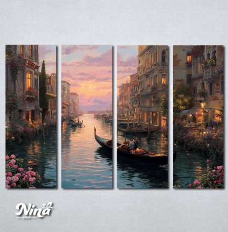 Slika na platnu sa motivom Venecije noću, gondole na vodi, roze cveća i zalaska sunca u daljini