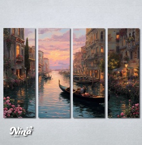 Slika na platnu sa motivom Venecije noću, gondole na vodi, roze cveća i zalaska sunca u daljini