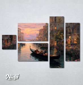 Slika na platnu sa motivom Venecije noću, gondole na vodi, roze cveća i zalaska sunca u daljini