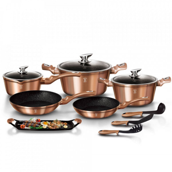 Set oale si tigai marmorate (12 piese) din aluminiu forjat Rose Gold (Cupru) Metalic Line Berlinger Haus BH 1696
