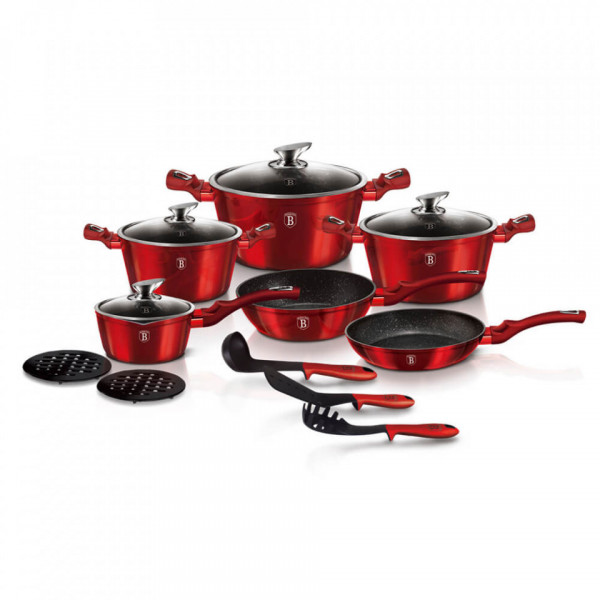 Set oale si tigai marmorate (15 piese) din aluminiu forjat Burgundy Metalic Line Berlinger Haus BH 6190