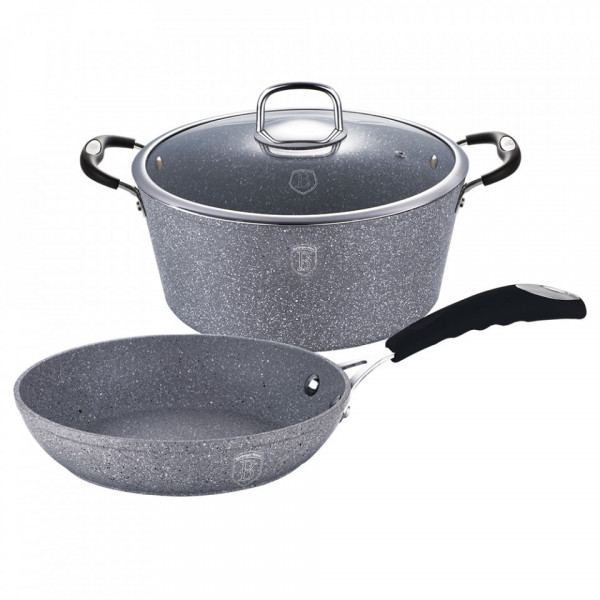 Set oala cu capac si tigaie marmorate (3 straturi) din aluminiu forjat Gray Stone Touch Line Berlinger Haus BH 1183N