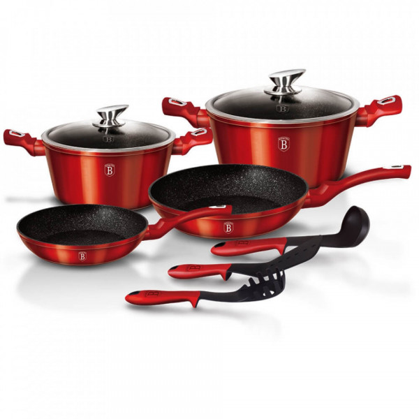 Set oale si tigai marmorate (9 piese) din aluminiu forjat Burgundy Metalic Line Berlinger Haus BH 1228N