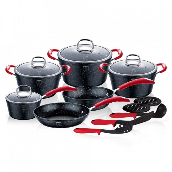 Set oale si tigai marmorate (15 piese) din aluminiu forjat Gray Stone Touch Line Black Edition Berlinger Haus BH 1172N