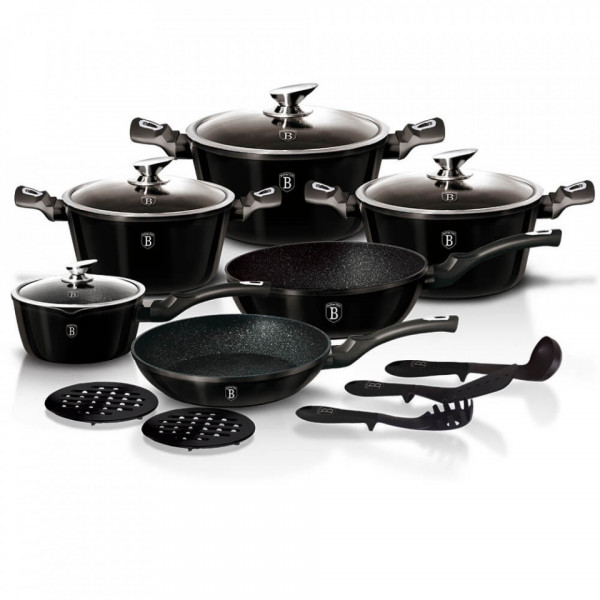 Set oale si tigai marmorate (15 piese) din aluminiu forjat Metallic Line Royal Black Edition Berlinger Haus BH 1664N