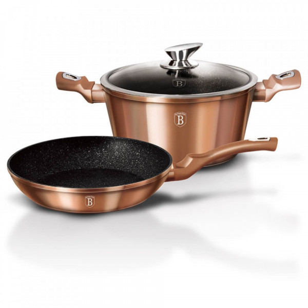 Set oala cu capac si tigaie marmorate (3 piese) din aluminiu forjat Rose Gold (Cupru) Metalic Line Berlinger Haus BH 1281N