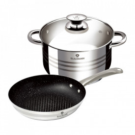 Set oala cu capac si tigaie non stick otel inoxidabil cu interior din marmura XYLAN (3 piese) Gourmet Line Blaumann BL 3180