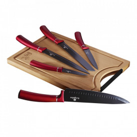 Set cutite otel inoxidabil (6 piese) cu tocator din bambus Burgundy Metallic Line Collection Berlinger Haus BH 2552