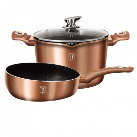 Set oala cu capac pentru paste si orez si tigaie de sotat marmorate (3 piese) din aluminiu forjat Rose Gold (Cupru) Metalic Line Berlinger Haus BH 1842N