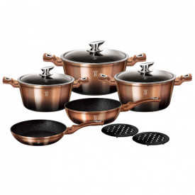Set oale si tigai marmorate (10 piese) din aluminiu forjat Rose Gold (Cupru) Noir Metalic Line Berlinger Haus BH 1899N