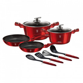 Set oale si tigai marmorate (10 piese) din aluminiu forjat Burgundy Metalic Line Berlinger Haus BH 6141