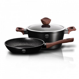 Set oala cu capac si tigaie marmorate (3 piese) din aluminiu forjat Ebony Rosewood Collection Berlinger Haus BH 1728