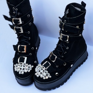 Ghete Strap negru metal-diamond