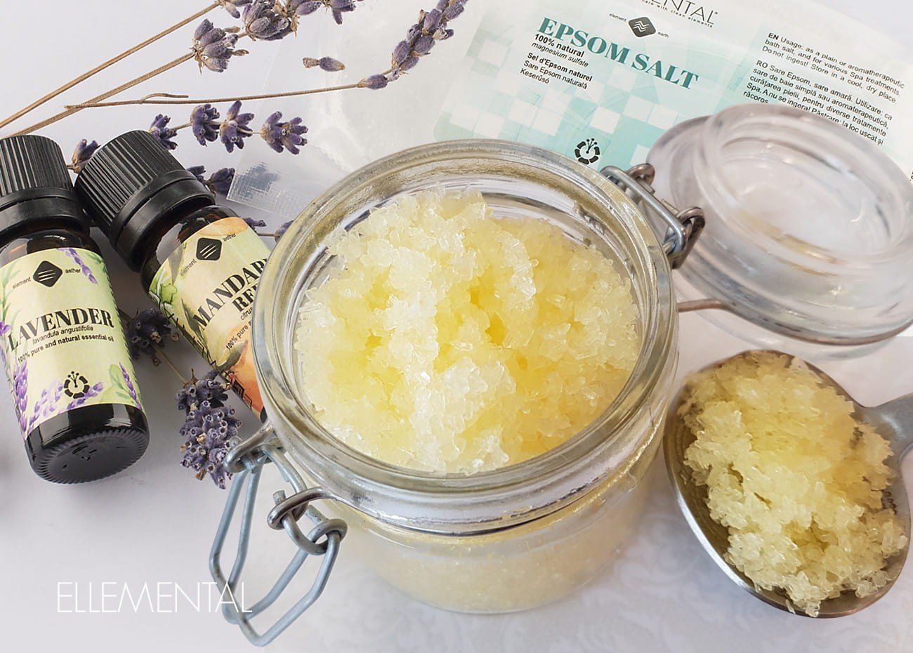 Sels de bain relaxants, mandarine et lavande