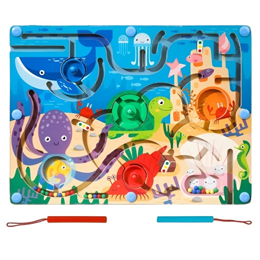 Joc Montessori de Sortare culori din lemn, tip Labirint ilustrat, cu Creion Magnetic: Animale Marine #JJ5110