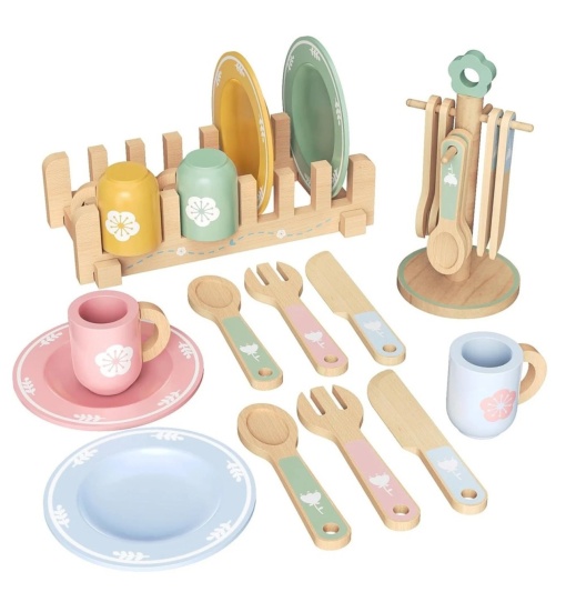 Set Vesela din lemn pentru joc de rol, 22 piese, multicolor #JJ5152