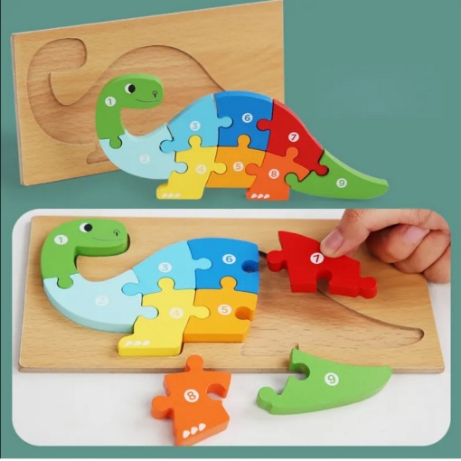 Puzzle 3D din lemn Dinozaur cu placa și cifre 1-9, tip Montessori #JJ5091