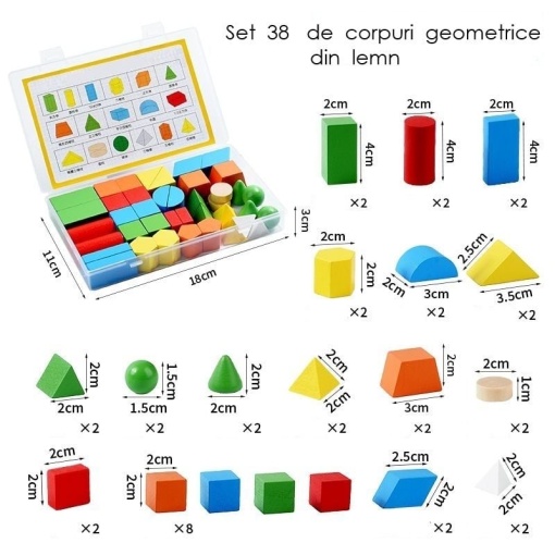 Set Corpuri Geometrice din Lemn în cutie de plastic, 38 piese, Multicolor #JJ5141