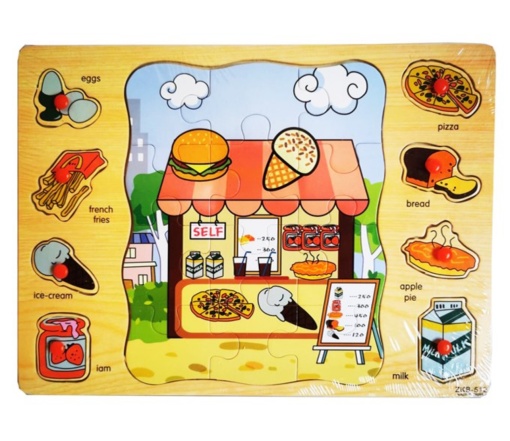 Puzzle incastru 2 in 1 din lemn tip Montessori : Fast Food #JJ5067