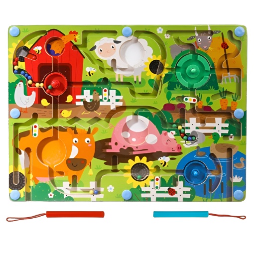 Joc Montessori de Sortare culori din lemn, tip Labirint ilustrat, cu Creion Magnetic: Ferma #JJ5108