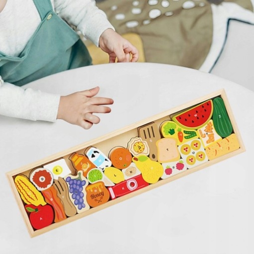 Joc puzzle Montessori Alimente din lemn, tip tetris, 26 piese 3D #JJ5038