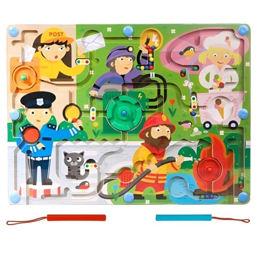 Joc Montessori de Sortare culori din lemn, tip Labirint ilustrat, cu Creion Magnetic: Meserii #JJ5109