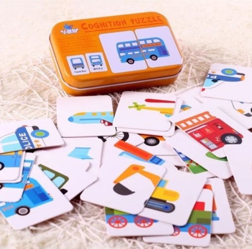 Puzzle cognitiv asociere în cutie de metal, Mijloace de transport, 32 piese #JJ5025