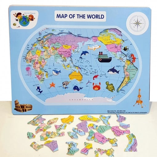 Puzzle din lemn Harta Lumii cu placa suport și 26 piese #JJ5085