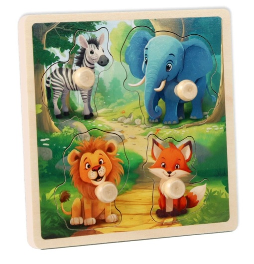 Puzzle incastru din lemn cu 4 butoni Animale Sălbatice #JJ5008