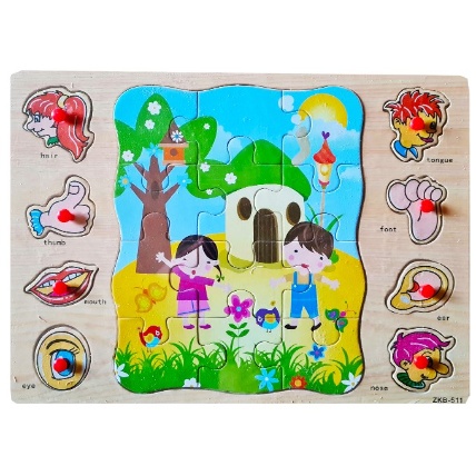 Puzzle incastru 2 in 1 din lemn tip Montessori : Parti ale corpului și Simțuri #JJ5064
