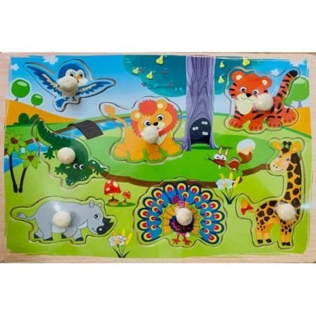 Puzzle incastru din lemn cu mâner Animale #JJ5054