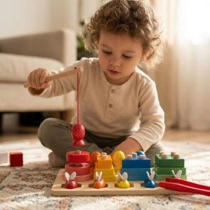 🌈Oferta zilei❗Joc Montessori din Lemn de Sortat si Pescuit cu Forme Geometrice, Pestisori si Albinute, Undita magnetica , Multicolor #JJ5118 - Img 10