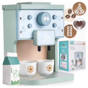 Aparat de Cafea Interactiv cu capsule si 7 Accesorii, din Lemn pentru Joc de Rol, KABI, nunate Pastel #JJ5666